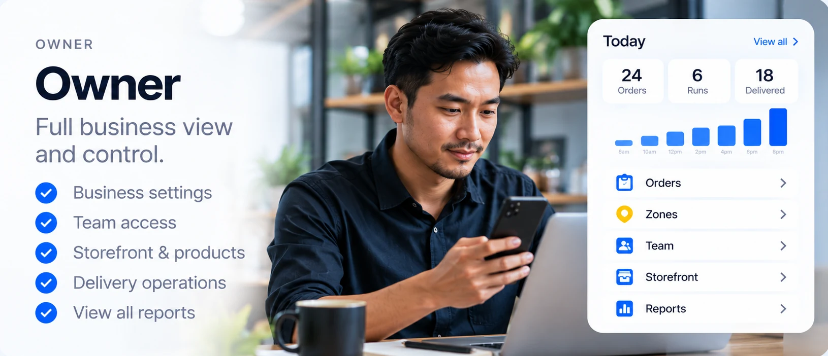 Owner: full business view and control — business settings, team access, Storefront and products, delivery operations